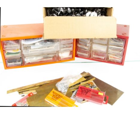 Finescale O gauge Components and Tools, including 3 sets plastic drawers with couplings, buffers, axleguards, wheelsets, stoc