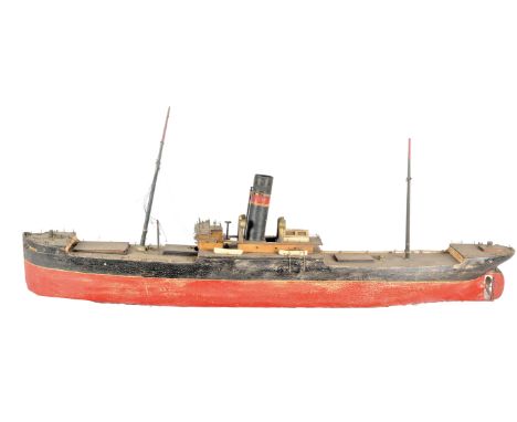 An early 20th Century painted wood  model of the Steam Cargo Ship 'Wren', the weighted hull painted in black and red, in rais