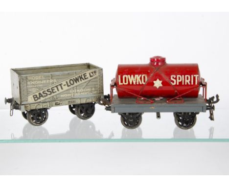 Bassett-Lowke 0 Gauge Private Owner Wagons, comprising a red/grey 'Lowko Spirit' tank wagon, G, some retouching, spoked iron 