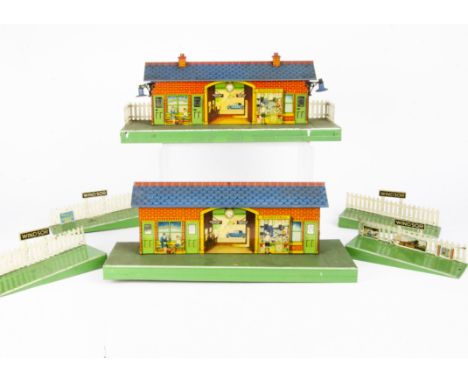Two Unboxed Hornby O Gauge 'Windsor' Stations, one with light fittings, chimneys and opening doors, (the other without them b