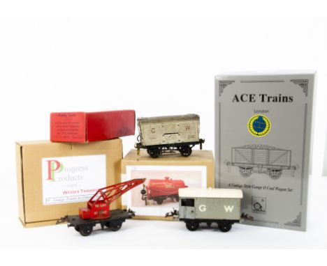 Various makers 0 Gauge Goods Rolling Stock, ACE Trains Set 1 South Wales PO wagons x3, Progress Products Cable wagon and GW F