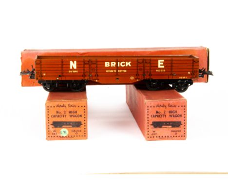 Boxed Hornby O Gauge Pre-War No 2 'High Capacity' Wagons,  GW Loco Coal in dark grey, LMS in light grey and NE in red 'Brick'