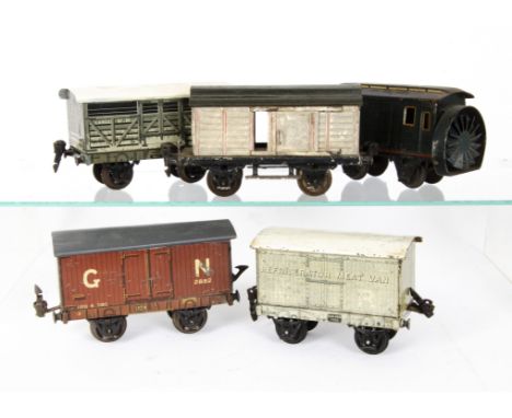 Vintage Märklin 0 Gauge Freight Stock, lithographed Midland 'Large' cattle wagon 7804, MR refrigerator meat van 7803, GNR bro