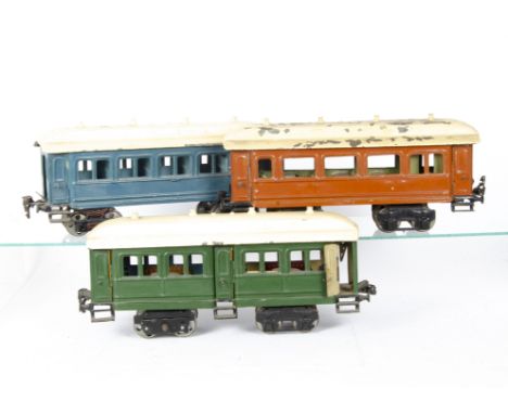 Three Over-Painted Märklin Gauge 1 Continental Bogie Coaches, all with non-original steel disc wheels, original hinged cleres