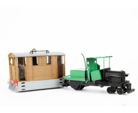 A G Scale (Gauge O/1 Convertible) battery-powered Steam Tram Locomotive and 'Freight' Railmotor, the tram engine probably fro