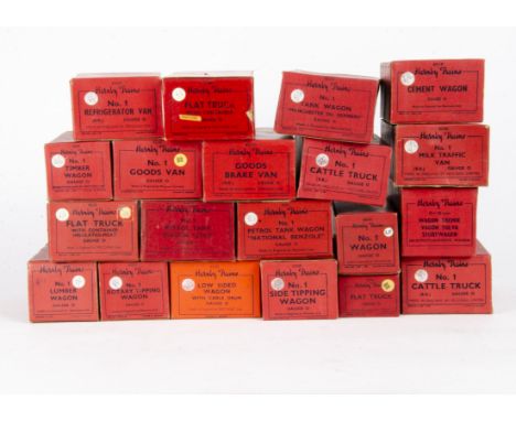 Boxed Hornby O Gauge Post-War Freight Stock,  a more-or less 'full set', all in red boxes, most in BR colours, including hopp