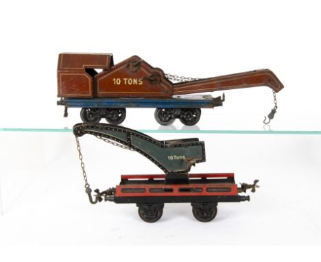 Vintage Bing/Bub 0 Gauge 10 Ton Crane Wagons, large bogie-framed Bing crane in brown with blue base, with operating lifting c