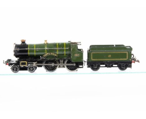 A Hornby O Gauge 20V Electric No 2 Special GWR green 'County of Bedford' 4-4-0 Locomotive and Tender, with 'shirtbutton' moti