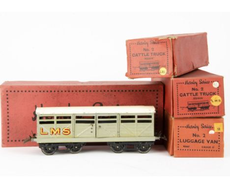 Boxed Hornby O Gauge Pre-War No 2 Freight Stock,  comprising GW breakdown van &amp; crane in lavish blue and green colours, L