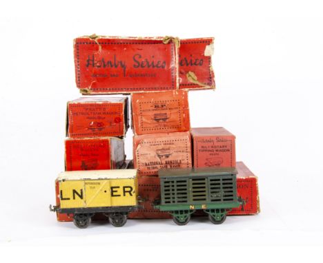 Boxed Pre-War Hornby O Gauge 'OAG' Freight Stock, comprising GW Snowplough (fan detached), LMS crane truck, 2-barrel wine wag