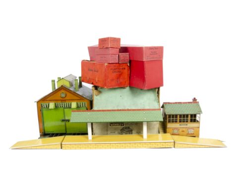 A Boxed Hornby O Gauge E1E Engine Shed and Other Lineside Accessories, the engine shed with interior lamp fitting and 3-rail 