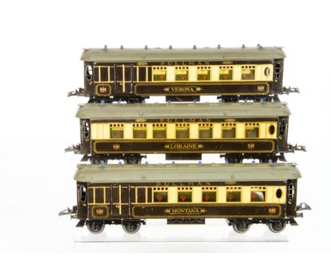 Three Unboxed Hornby O Gauge No 2 Special Pullman Coaches, saloon coach 'Loraine' and brake coaches 'Verona' and 'Montana', a