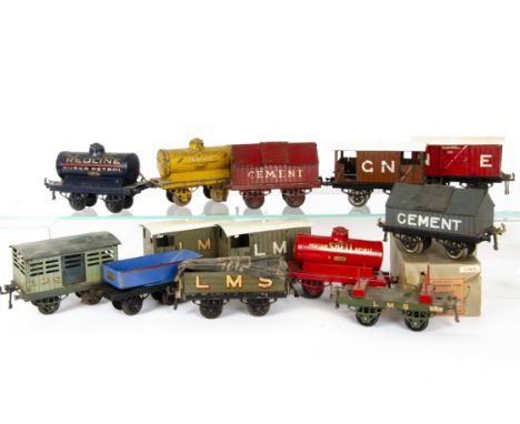Hornby O Gauge 'OAG-based' Freight Stock, 1920s issues including GN nut-and-bolt brake van, two LMS brake vans (one with sole