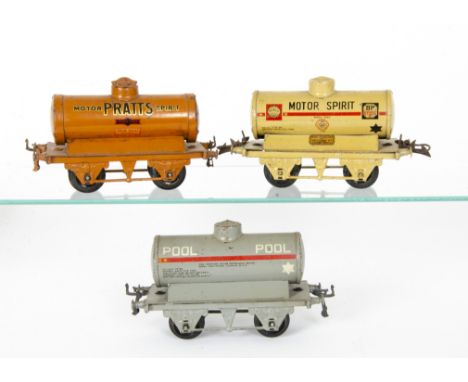 Hornby O Gauge Petrol Tank Wagons, all with 'T3' bases, comprising a circa 1930-1931 orange 'Pratt's' Motor Spirit, with smal