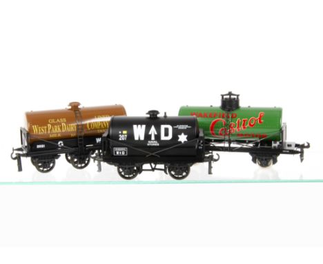 ETS WJ Vintage 0 Gauge Tank Wagons, WD Naval Stores black, West Park Dairy 6-wheel in brown and Wakefield Castrol (incorrect 