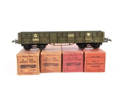 Boxed Hornby O Gauge No 2 'High Capacity' Freight Stock, comprising NE Brick Wagon, VG, box dated 2-39 G-VG, a GW dark grey l