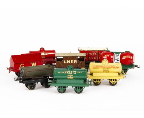 Unboxed Hornby O Gauge 'OAG'-base Freight Stock, including first-issue side-tipping wagon, Pratt's, Shell and Motor BP Spirit