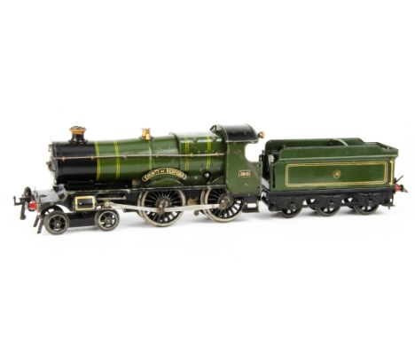 A Hornby O Gauge No 2 Special clockwork 4-4-0 'County of Bedford' Locomotive and Tender, in GWR lined green as no 3821, with 