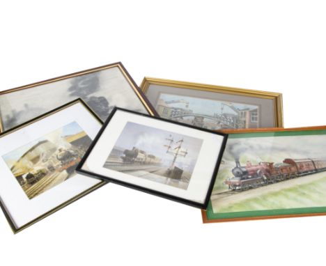 Railway-Related Artwork and Furnishing Prints, all framed and glazed, including a watercolour of a railway bridge under const