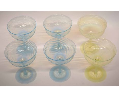 Interesting set of six dessert glasses in a light blue or vaseline swirling design, possibly James Powell, 11cm high (6)
