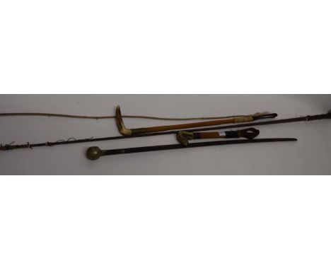 Small riding crop with dog handle, together with a whip with bone handle and swagger stick with silver metal handle (a/f) for