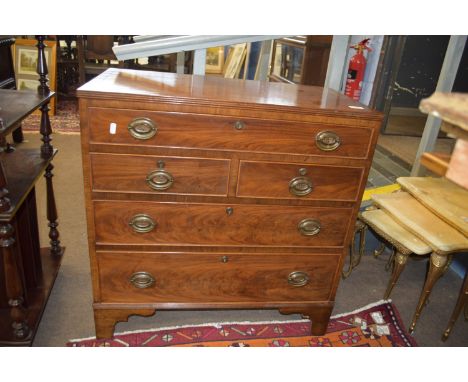 Mid-19th century chest of three long and two short drawers raised over bracket feet with sprung and cross banded decoration, 