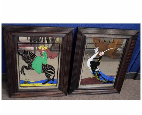 Pair of vintage printed mirrors "Vogue" depicting 1920s ladies, each frame approx 43 x 56cm