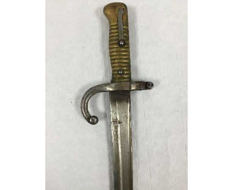 A French Chassepot Yataghan sword bayonet, 57cm recurving blade, in steel scabbard. CONDITION REPORT: Scabbard with some pitt