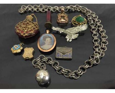 A silver pomander on chain, together with a nineteenth century ruby glass gilt metal mounted scent flask, Victorian seal etc.