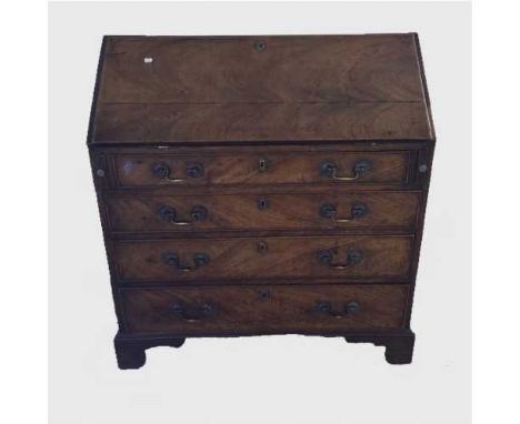 A George III mahogany bureau, on bracket feet with brass swan necked handles, width 100 cm.