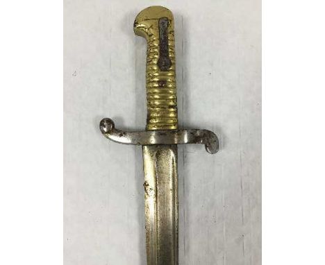 A French Chassepot Yataghan sword bayonet, 57cm recurving blade, black painted steel scabbard. CONDITION REPORT: Blade with l