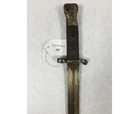 A British 1888 Lee-Metford bayonet, steel mounted leather scabbard. CONDITION REPORT: Blade covered in a layer of old protect