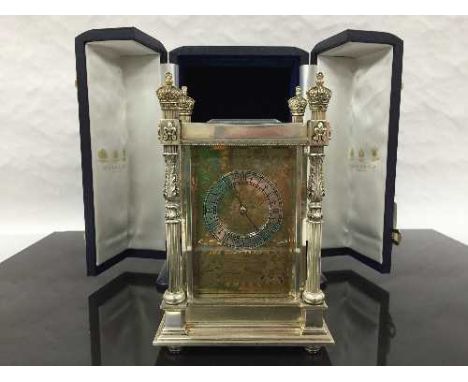 A fine late twentieth century Garrard silver cased 'Canopy Clock', limited edition No. 21/150, to celebrate the 150th anniver