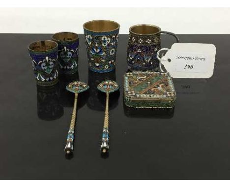 A selection of late nineteenth century Russian silver and cloisonne enamel wares, to include two salt spoons, a pair of small