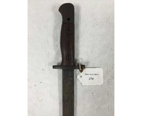 A British 1907 pattern bayonet, by Wilkinson, steel mounted leather scabbard. CONDITION REPORT: All steel parts with dark pat