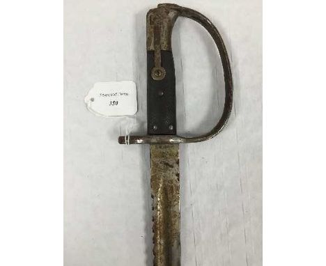 A British Pattern 1879 Pattern Sawback Bayonet, 65cm blade and two piece leather grip. CONDITION REPORT: Lacking scabbard, st