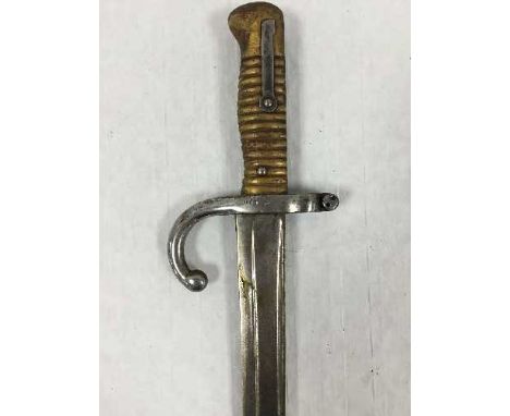 A French Chassepot Yataghan sword bayonet, 57cm recurving blade, black painted steel scabbard. CONDITION REPORT: Blade clean,