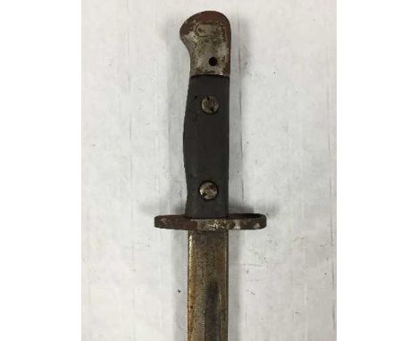 A British 1907 pattern bayonet, by Wilkinson, steel mounted leather scabbard. CONDITION REPORT: Blade with some pitting, expo