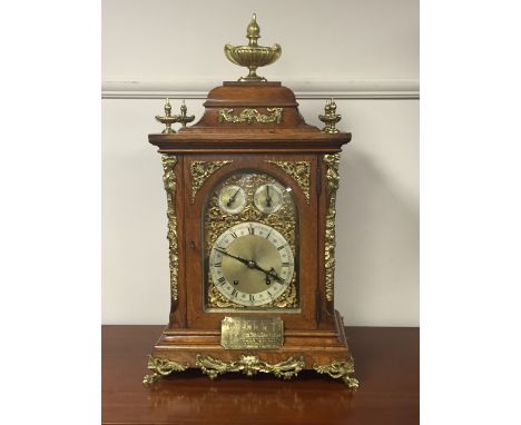 An impressive early 20th century chiming 8 day bracket clock, twin barrel movement, the dial with silvered chapter ring with 