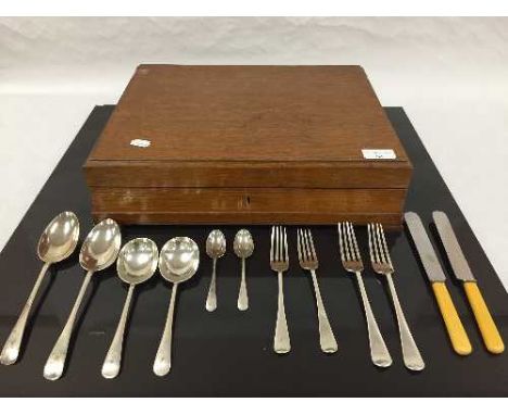 A oak cased canteen of silver and stainless steel flatware, comprising six silver table forks, six silver dessert forks, four