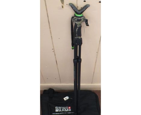 A 'Primos' Jim Shockey edition walking/shooting tripod stick with a Swiss Arms tactical gun slip/bag