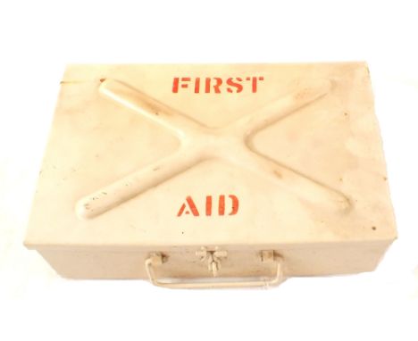 A first aid kit with contents, tin marked with broad arrow