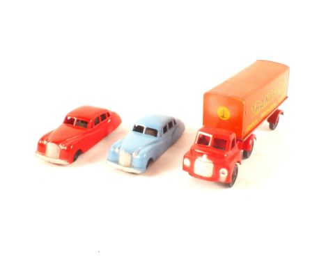 Wells Brimtoy tin plate and plastic articulated lorry, transport London-Birmingham-Glasgow plus two friction drive plastic ca