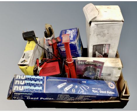 A box of boxed and unboxed tools including nine piece dent puller, Draper microtube bender, axle stands etc.