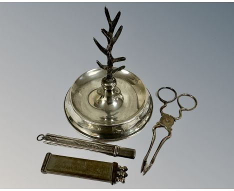 A silver ring tree together with silver plated sugar nips etc.