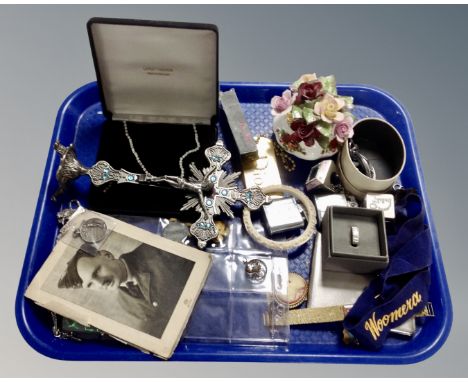 A tray of costume necklace and earring set in box, watches, religious crucifix ornament, costume jewellery, Ronson lighter, c