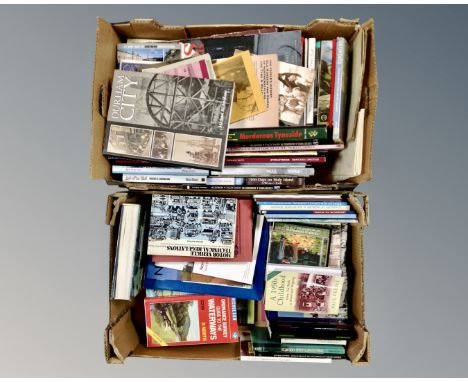 Two boxes containing 20th century volumes relating to Tyneside, Durham, Ordnance Survey books etc.
