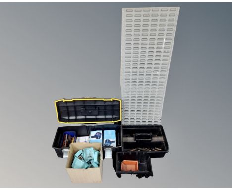 A Stanley Fatmax tool box containing hand tools, rechargeable spotlights, a further plastic tray containing large drill bits 