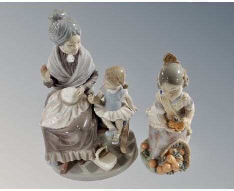 A Lladro figure Girl with Grandmother together with a further Lladro figure of a girl picking oranges (2)