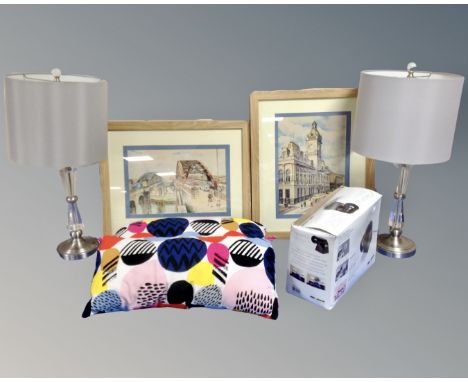 A box of contemporary table lamps, Tracer projector and two framed prints after W. Taggart.